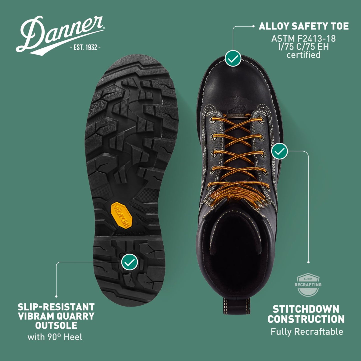 Danner 8” Quarry USA Waterproof Alloy Safety Toe Work Boots for Men - Full-Grain Leather with Gore-Tex Lining and Traction Heel Outsole, EH Resistant