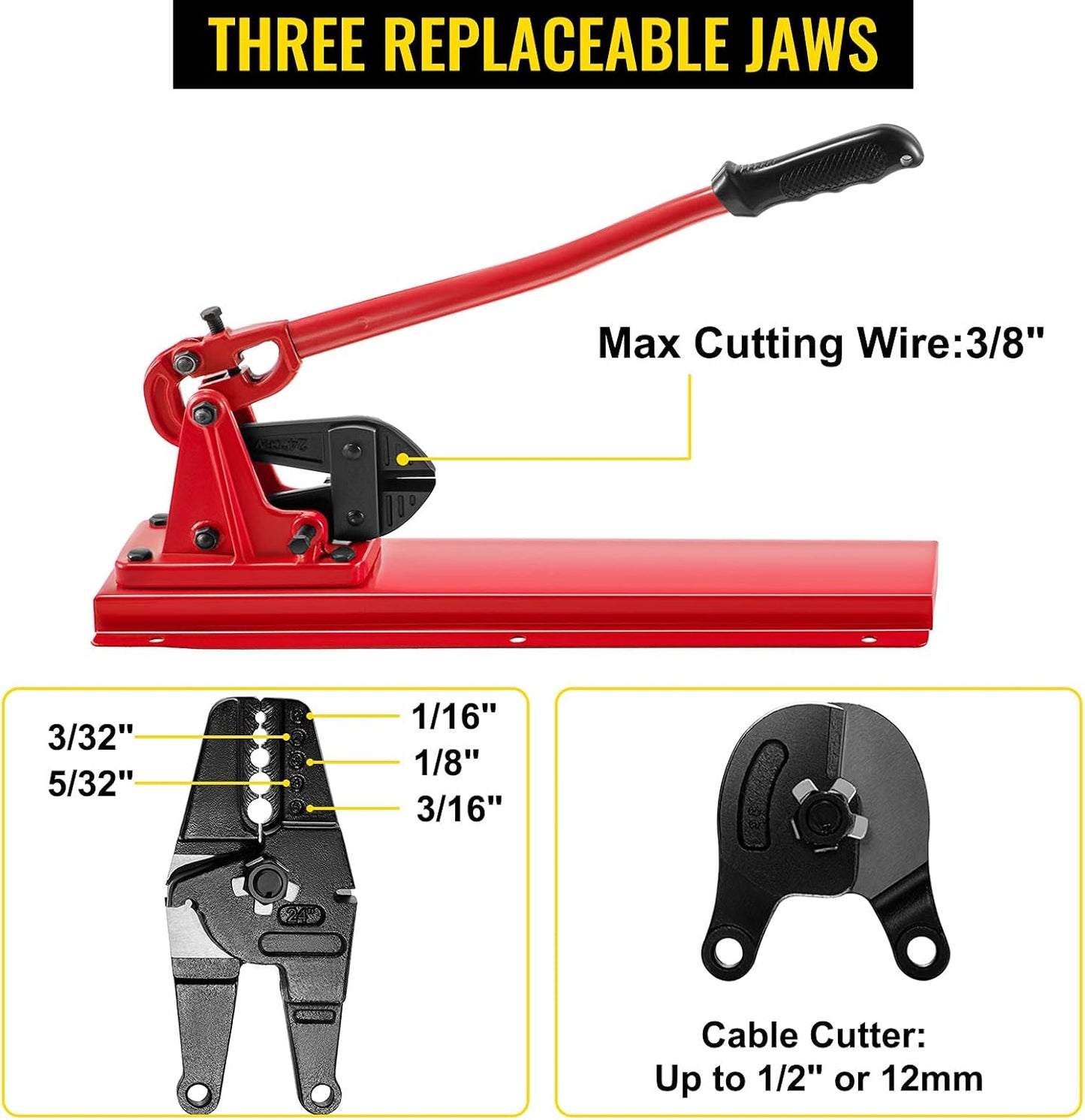 VEVOR Bench Swager Tool 24" Wire Rope Swaging Tool w/Crimper Cable Bolt Cutter Head Bench Crimper 1/16"-3/16" Aluminum/Copper Sleeves Bench Cable Alloy Steel Crimper Swager for1/2" Wire Rope Ferrules
