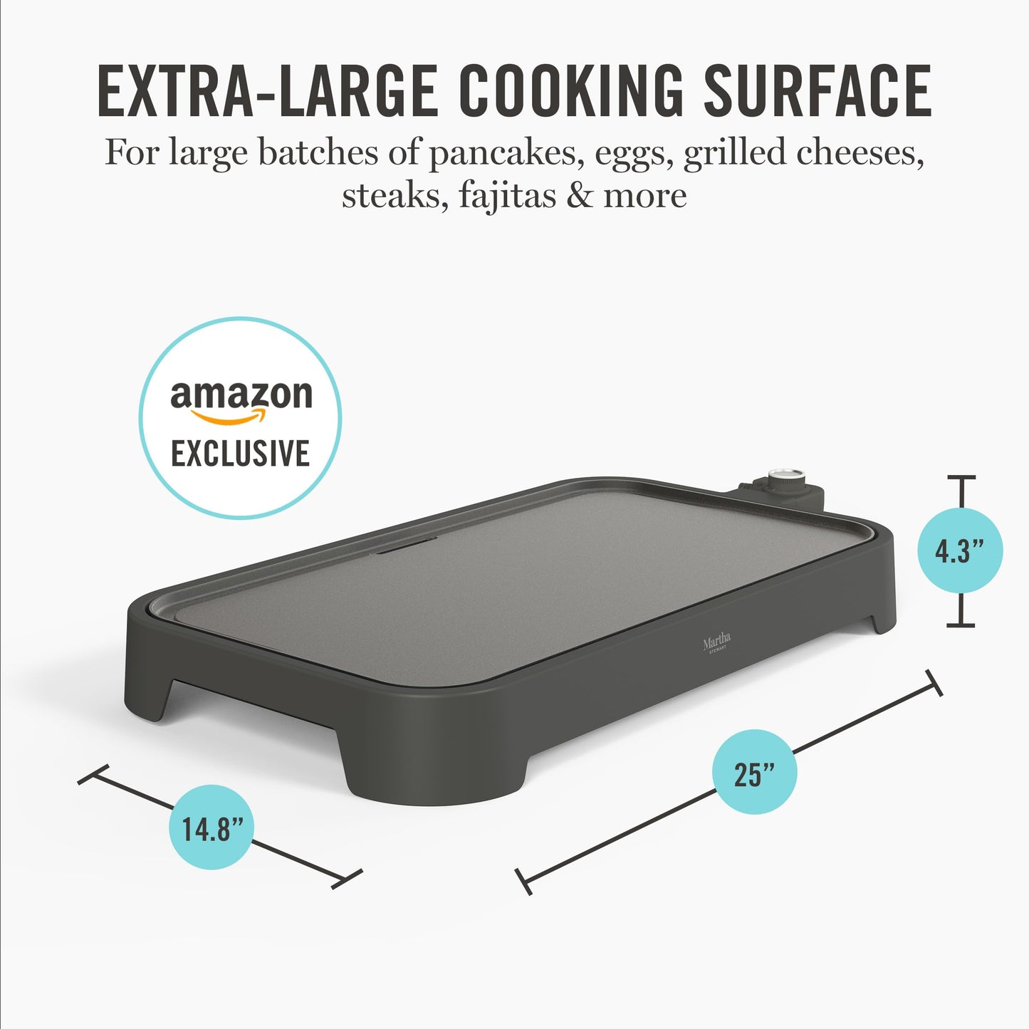 Martha Stewart 12” x 22” Electric Griddle, XL Ceramic Nonstick Flat Top Cooking Surface, Adjustable Temperature Dial, Drip Tray, Dishwasher Safe, 1500W Fast Even Heating, Pancakes & Eggs, Linen White