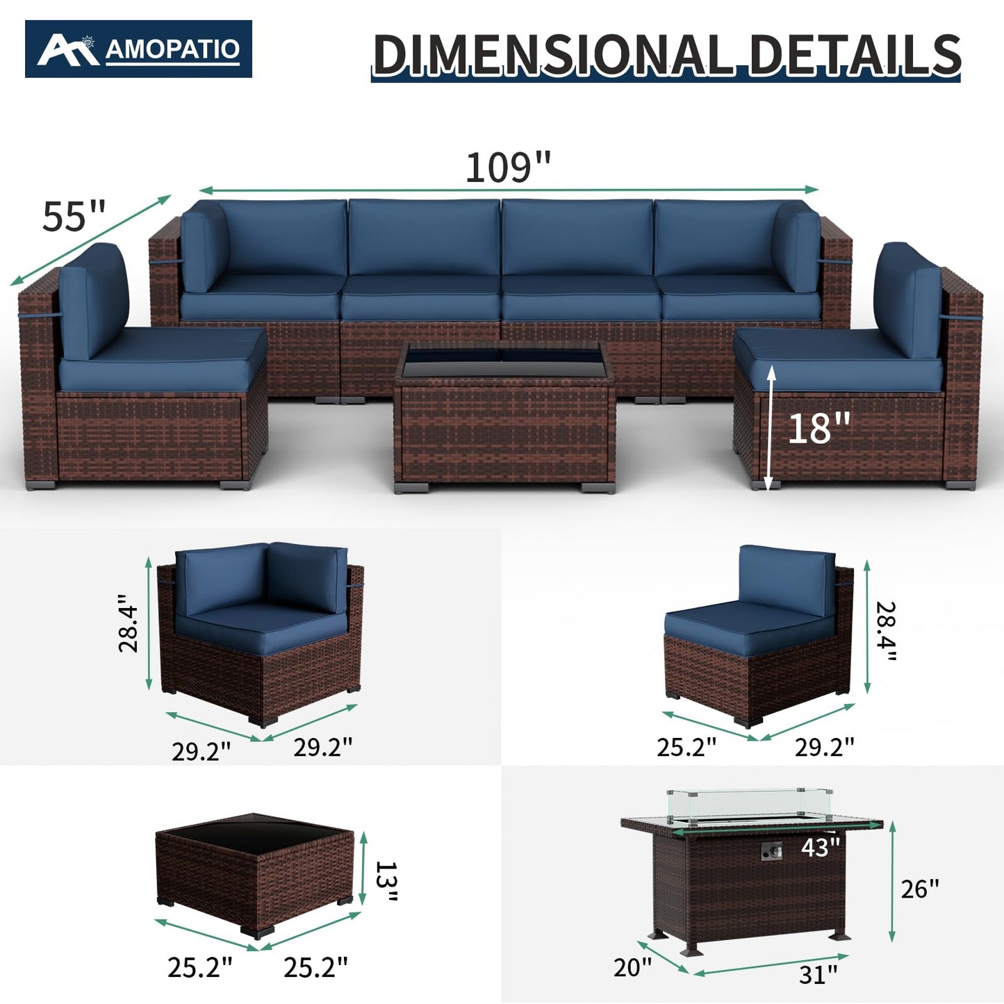 Amopatio Patio Furniture Sets, 7 Pieces Outdoor Rattan Sectional Sofa Set with Glass Table and Cushions, Wicker Patio Conversation Set for Outdoor Indoor Backyard Lawn Garden Porch (Grey)
