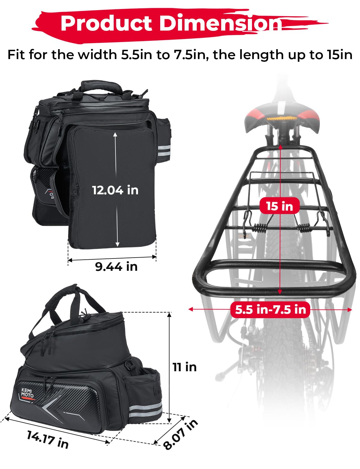 KEMIMOTO Bike Rear Rack Bag Bicycle Trunk Bag 20L Capacity Water Resistant Multifunctional Bicycle Pannier with Rain Cover Bike Saddle Bag for Rear Rack Grocery Shopping Commuter Cycling Trip Black
