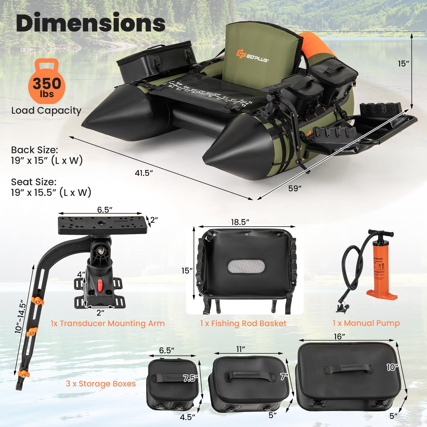 Goplus Inflatable Float Tube, Fishing Belly Boat w/Paddle, Flippers, Fish Ruler, Pump, Storage Bag, Adjustable Straps, 350LBS Load Capacity (Upgrade Green, W/Fish Finder Holder, Rod Rack Basket)