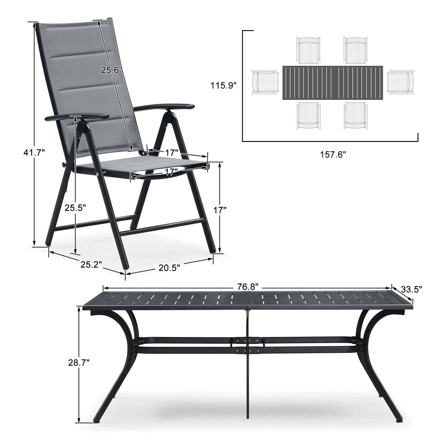 PURPLE LEAF 9 Pieces Outdoor Patio Dining Set with 8 Folding Portable Chairs and 1 Rectangle Aluminum Table, Foldable Adjustable High Back Reclining Chairs with Soft Cotton-Padded Seat, Grey