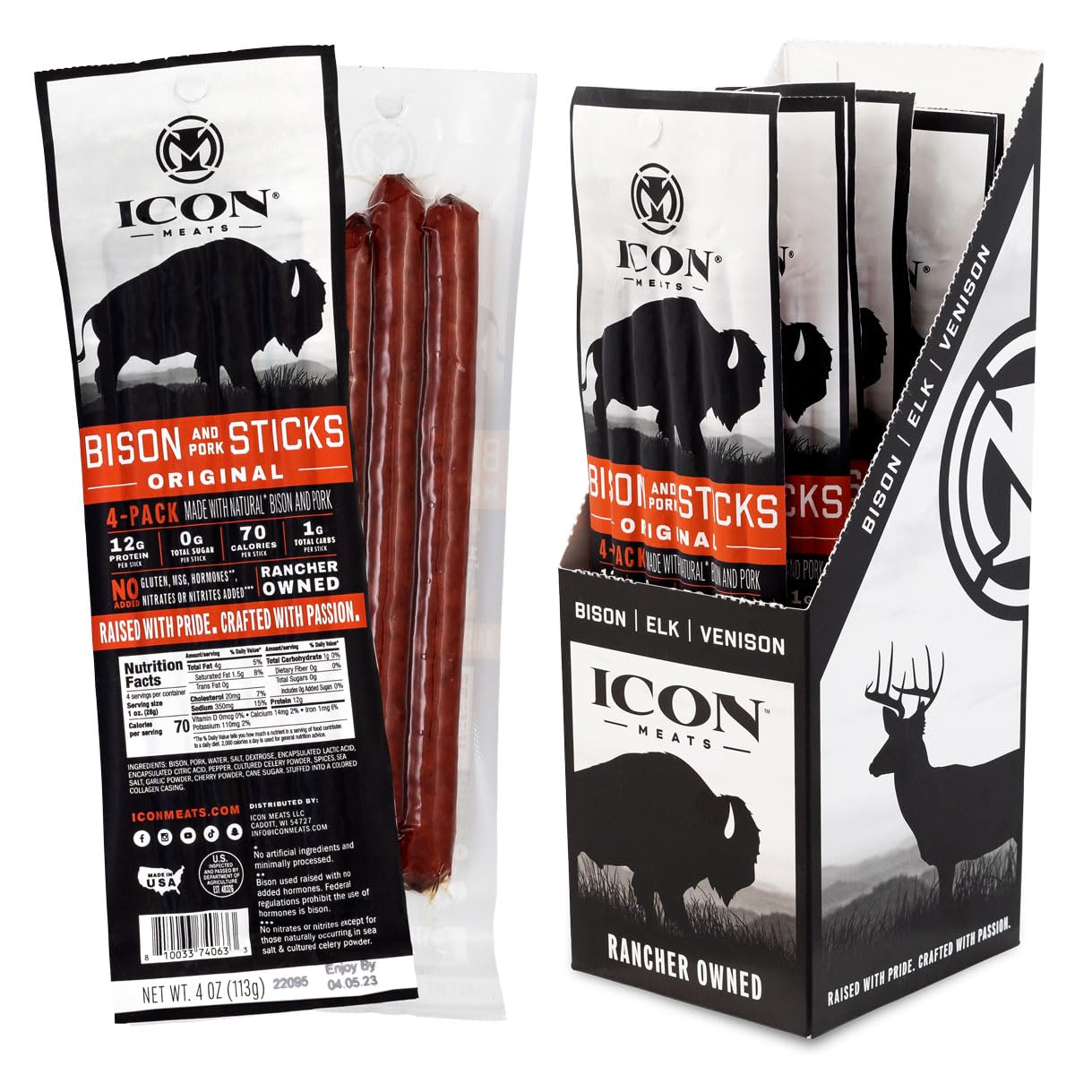 ICON Meats Snack Sticks Sampler - Assorted Flavors of Bison, Elk, Venison and Pork Jerky Sticks - 24 Pack of Individually Wrapped Meat Sticks, 6 Per Flavor – USDA Approved, All Natural Artisan Meats