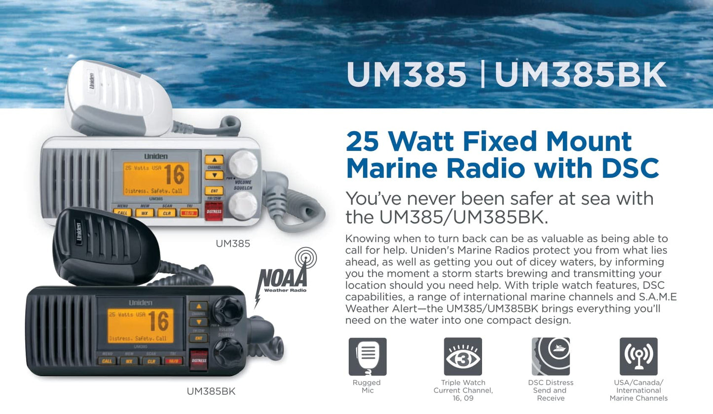 Uniden UM385BK 25 Watt Fixed Mount Marine VHF Radio, Waterproof, Noaa Weather Alert, All USA/Intl/Canadian Marine Channels