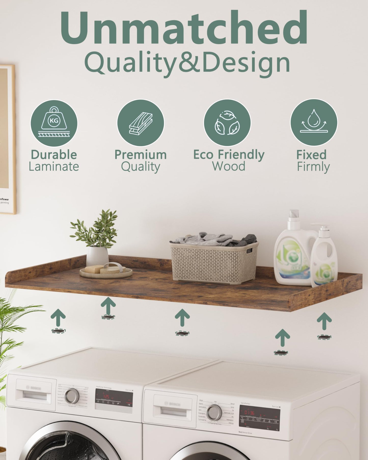Piskyet Washer Dryer Countertop,Laundry Countertop with Edge Rails,27.5" Depth x 54" Wood Countertop For Washer and Dryer,Laundry Machine Topper for Laundry Room Organization and Storage(Rustic Brown)