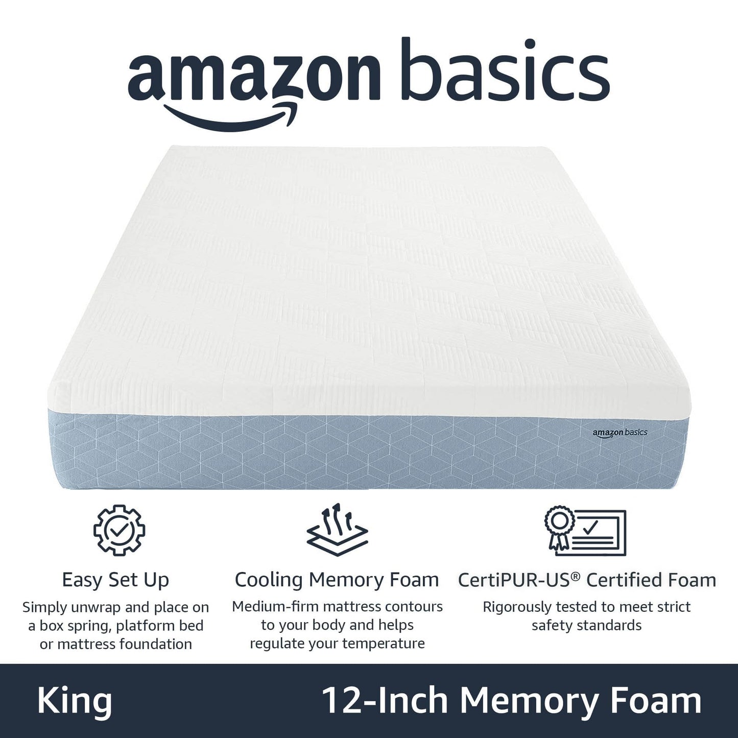 Amazon Basics Cooling Gel Memory Foam Mattress, Medium-Firm, Body Contouring, CertiPUR-US Certified Foam, King Size, 80 x 76 x 12 inches, White/Gray