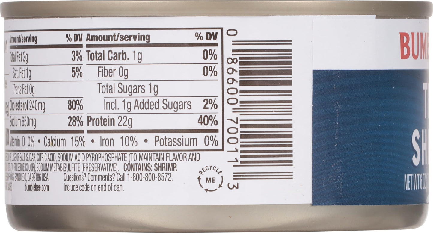 Bumble Bee Tiny Canned Shrimp, 6 oz Can - Shrimp in Water, Cooked, Peeled, Deveined - 22g Protein per Serving - Gluten Free
