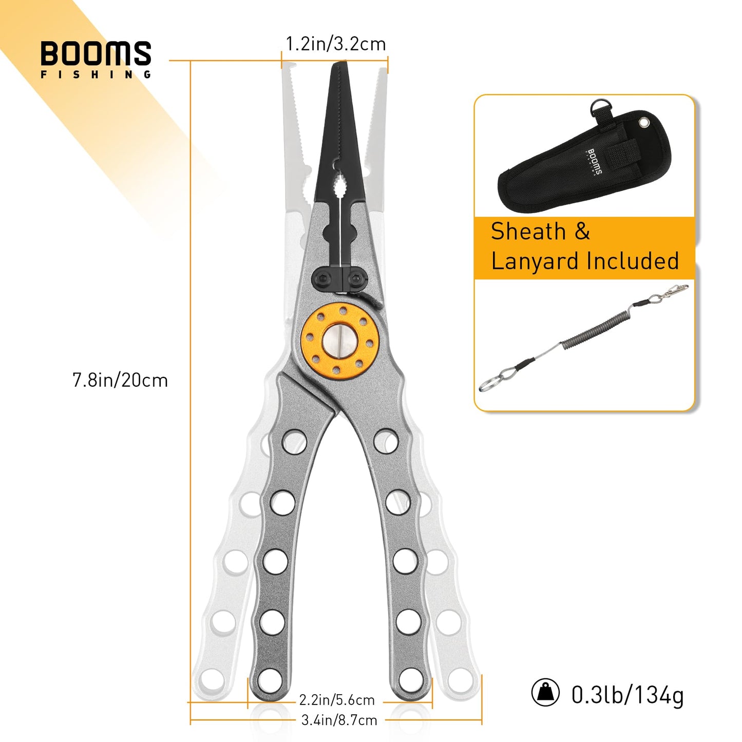 Booms Fishing X1 Aluminum Fishing Pliers Saltwater, Surf Fishing Tackle Kit, Fishing Multitool Hook Remover Braided Fishing Line Cutting and Split Ring with Coiled Lanyard and Sheath