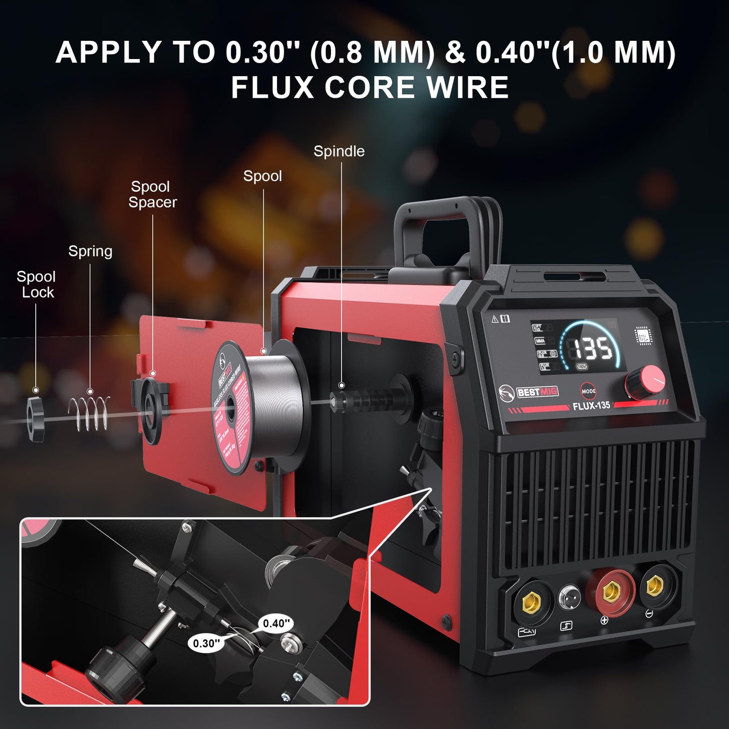 BESTMIG 135A MIG Welder - 3-in-1 Flux Core Welder, MIG/Lift TIG/Stick Welding Machine - Portable IGBT Inverter - 110V with Welding Helmets and Gloves (Red Black, MIG 135A Welder)