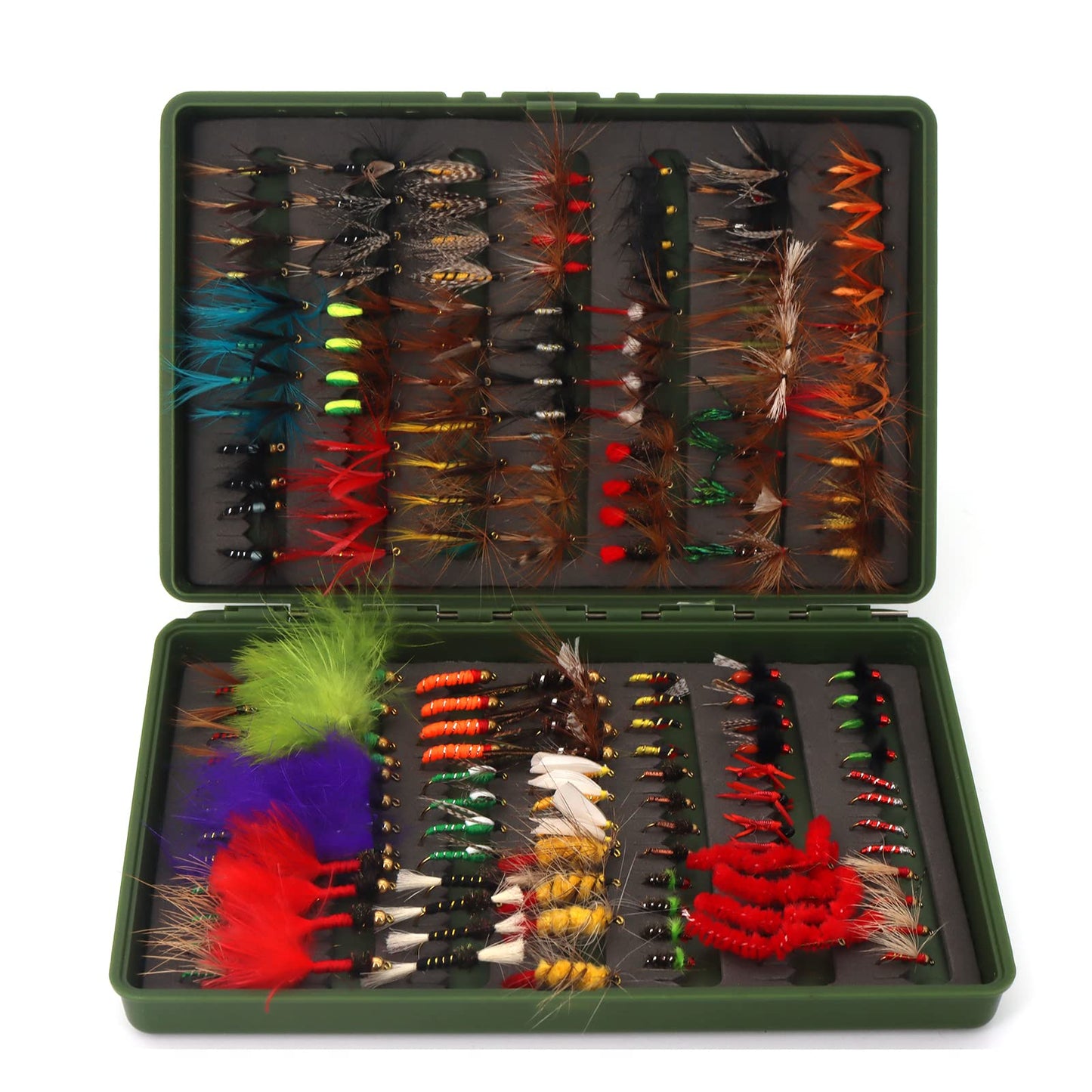 Fly Fishing Flies Assortment Kit Dry Wet Nyphms Tenkara Popper Streamer Woolly Bugger for Trout Bass Salmon Steelhead with Fly Box