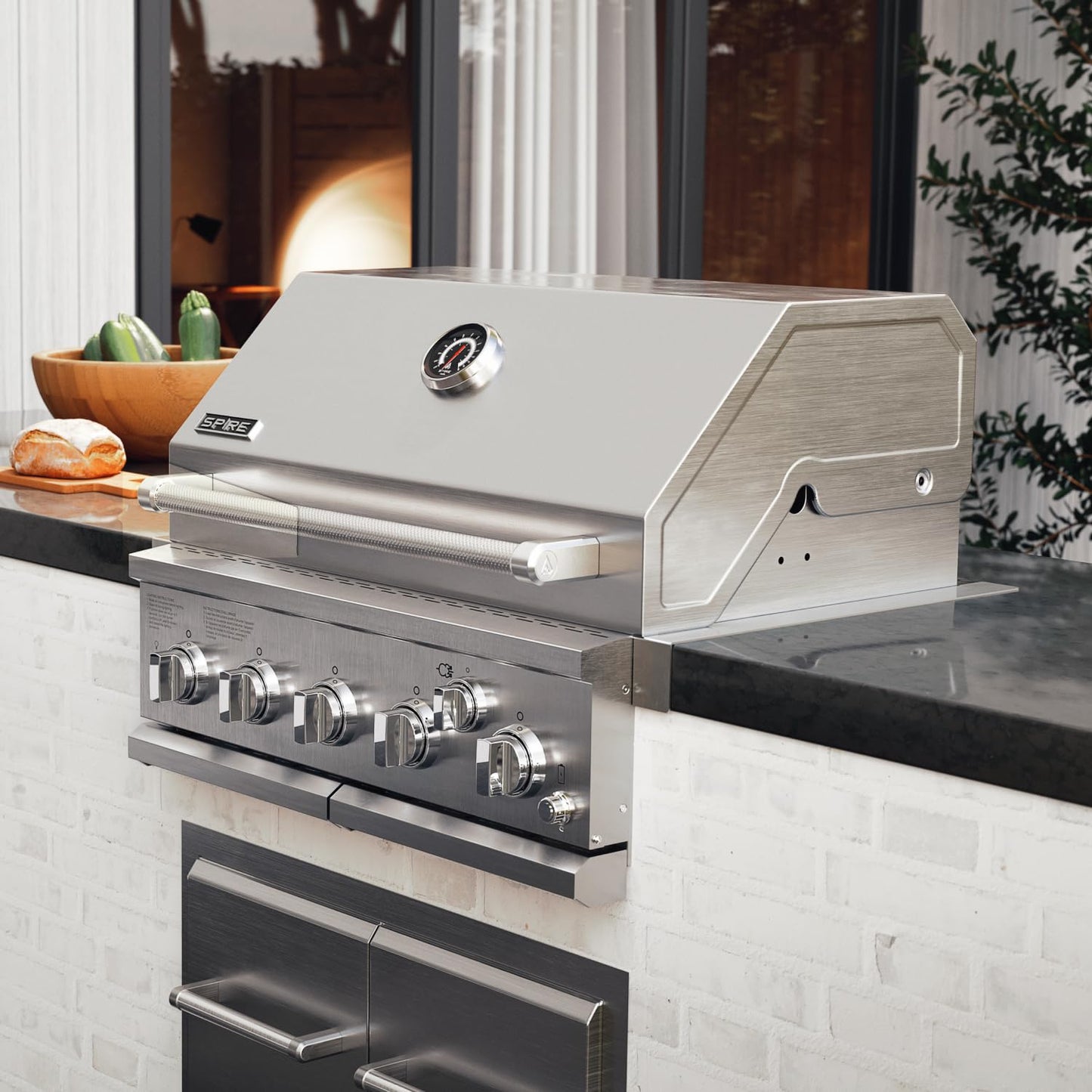 Spire Premium 5 Burner Built In Gas Grill Island Head, Stainless Steel 30 Inch Propane Grill with Rear Burner, 63,000 BTUs, 750 SQ In Racks, Dual Fuel Compatibility - 740-0788P