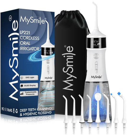 MySmile LP221 UVC Sterilizable Cordless Water Flossers for Teeth 335ML Portable OLED Display Dental Flosser with 4 Modes 8 Jet Tips and a Storage Pouch for Home and Travel (Pearl White)