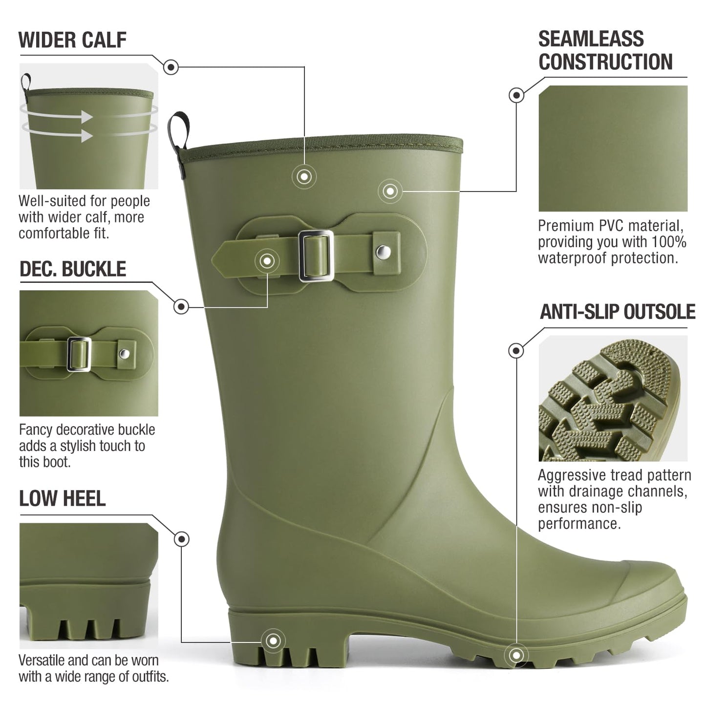 HISEA Women's Waterproof Rain Boots Wide Mid Calf Comfortable Rubber Shoes Lightweight Anti-slipping Rain Footwear for Outdoor Garden Farm Work