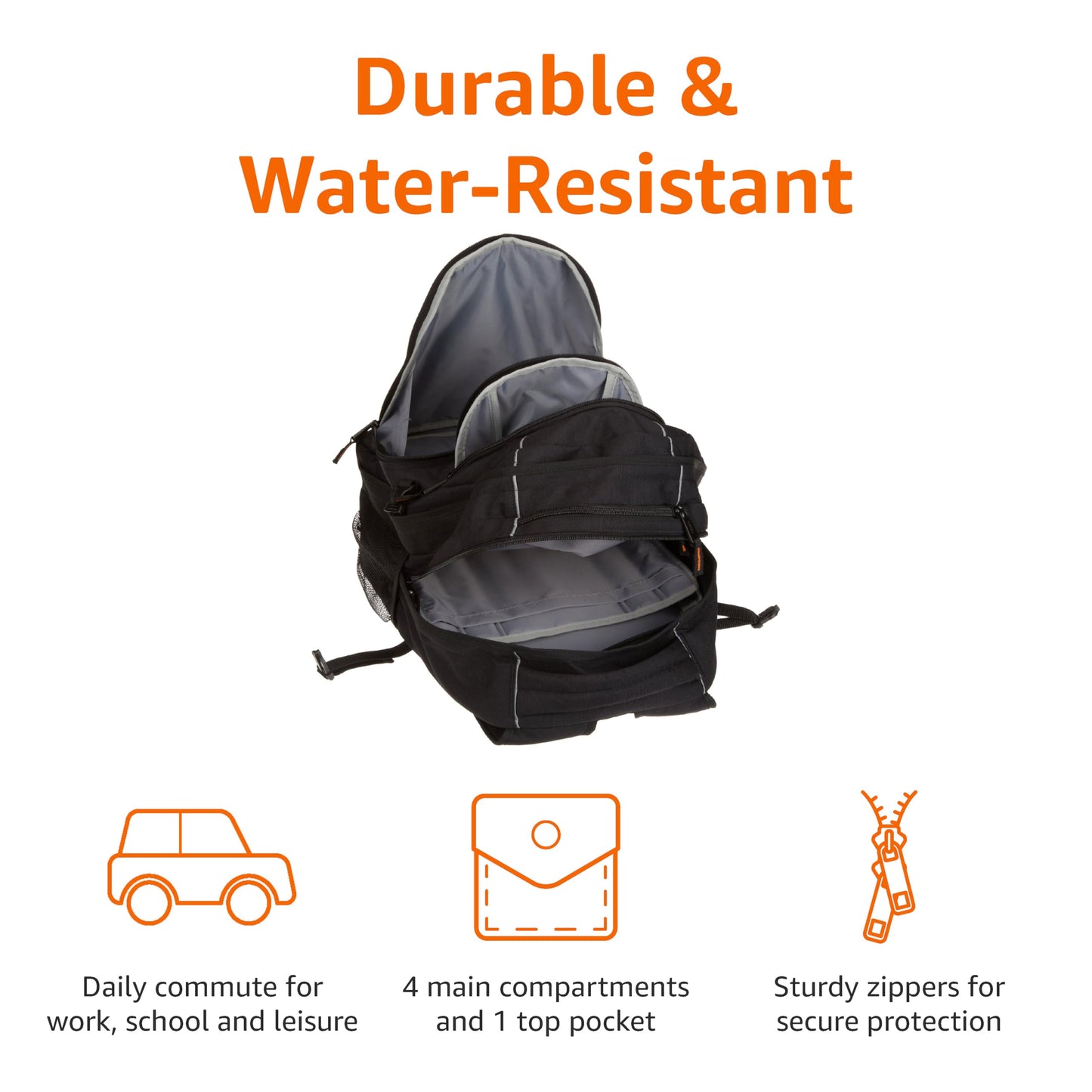 Amazon Basics Padded Laptop Backpack with Water Bottle Pockets, Travel Work Bag with Compartments, Fits Up to 17-Inch Laptops, Black