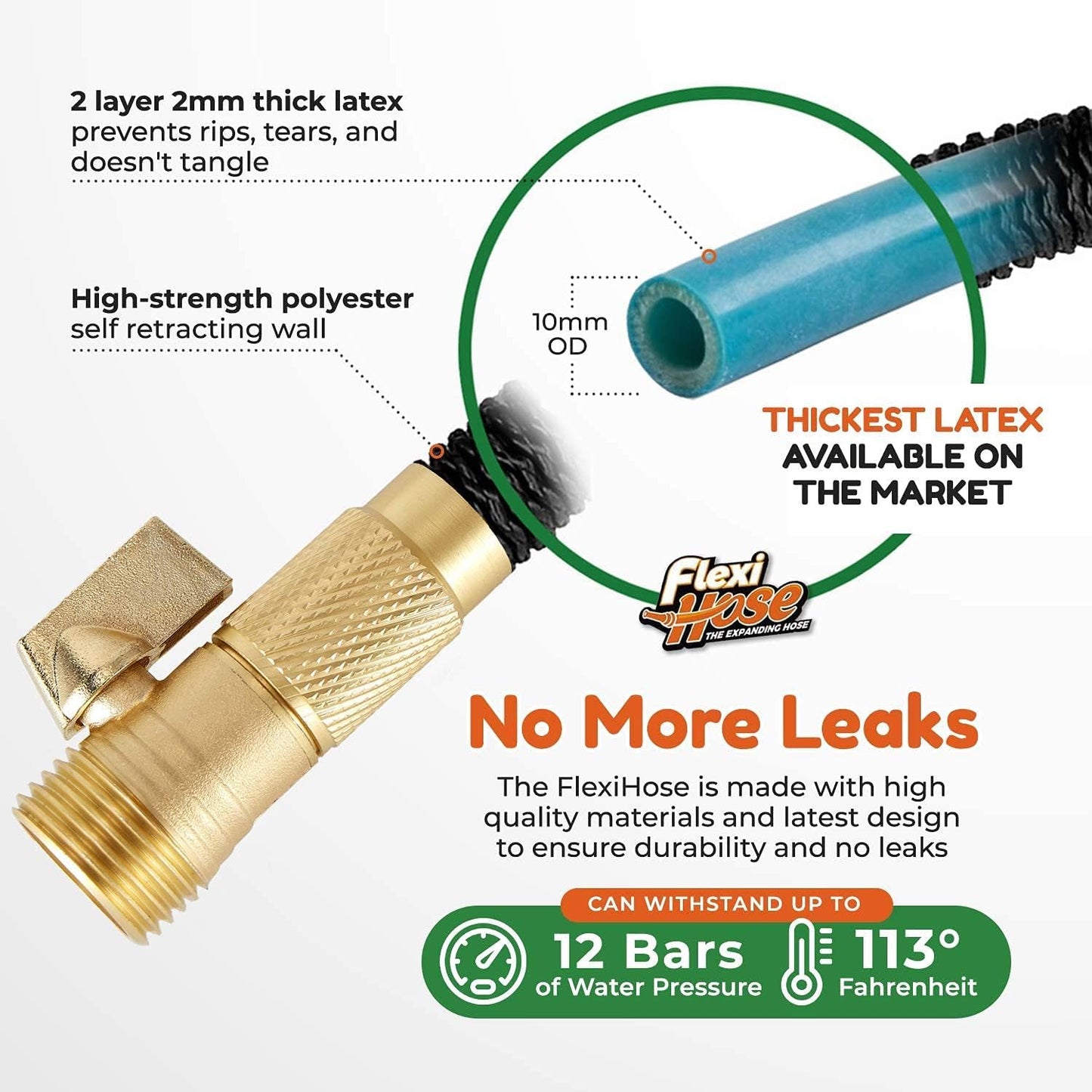 Flexi Hose with 8 Function Nozzle, 50FT - Lightweight Expandable Garden Hose, No-Kink Flexibility, 3/4 Inch Solid Brass Fittings and Double Latex Core