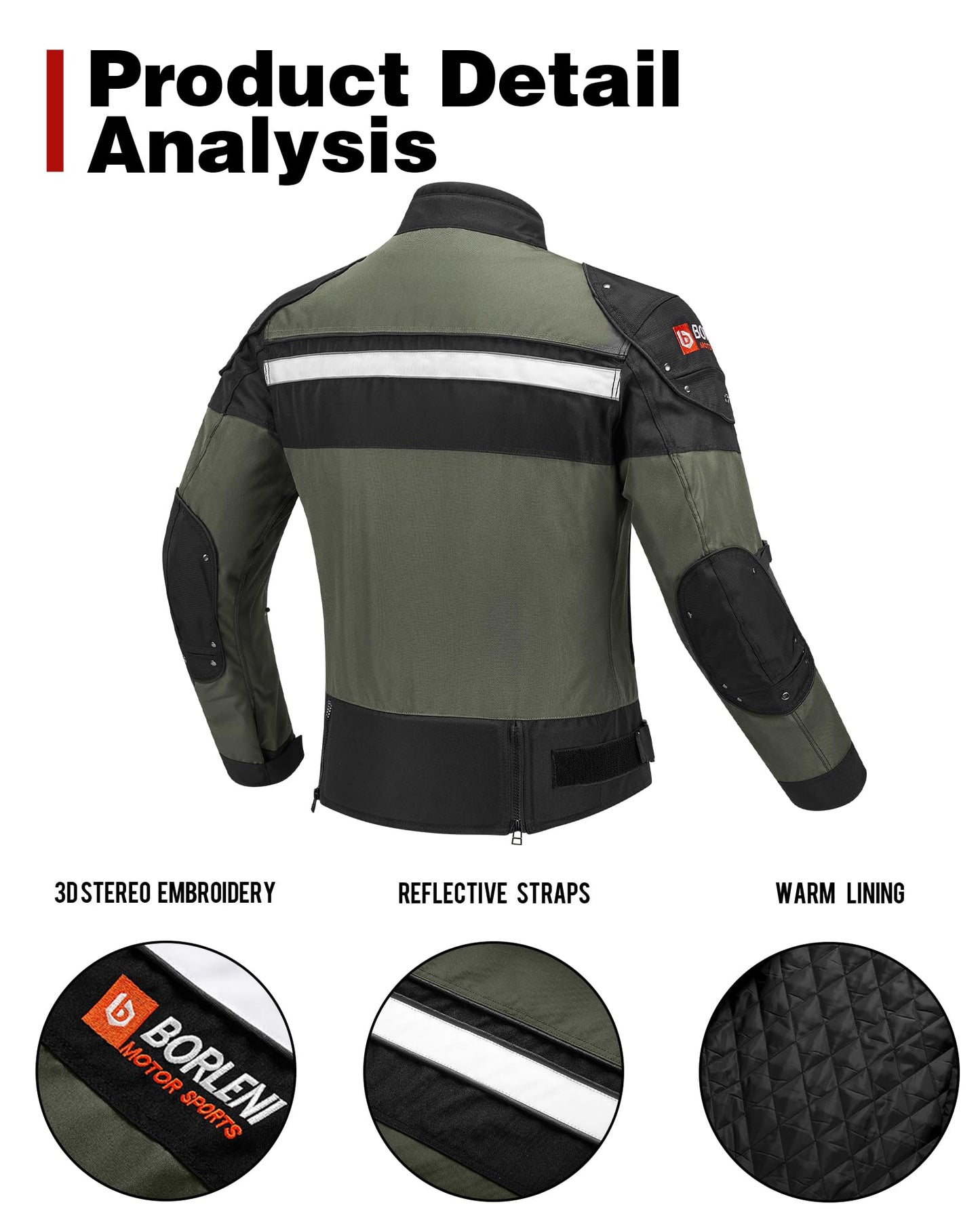 BORLENI Motorcycle Jacket Motorbike Riding Jacket Windproof Motorcycle Full Body Protective Gear Armor