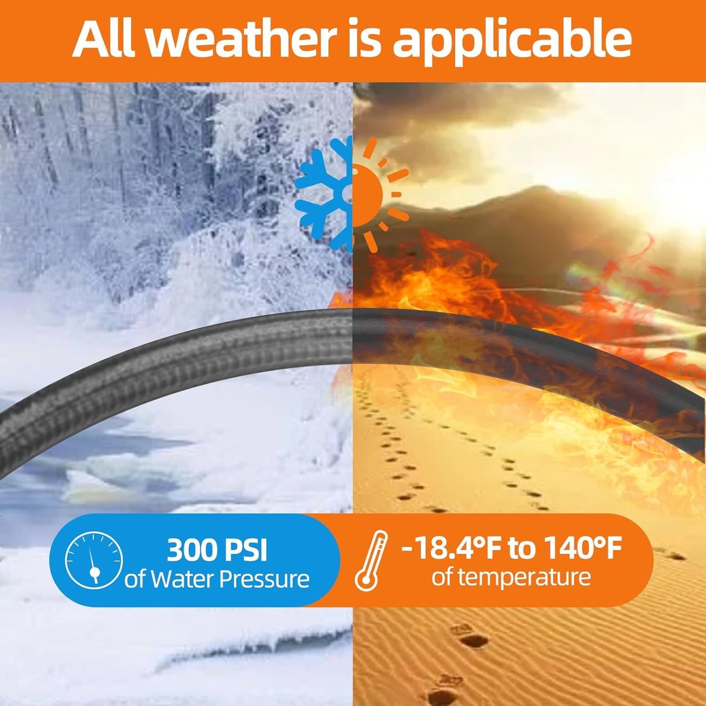 Garden Hose 50 ft x 5/8 in Heavy Duty, Flexible and Lightweight Water Hose, Burst 600 psi, Kink-less Hybrid Rubber Hose for Backyard, 3/4'' Brass Fittings