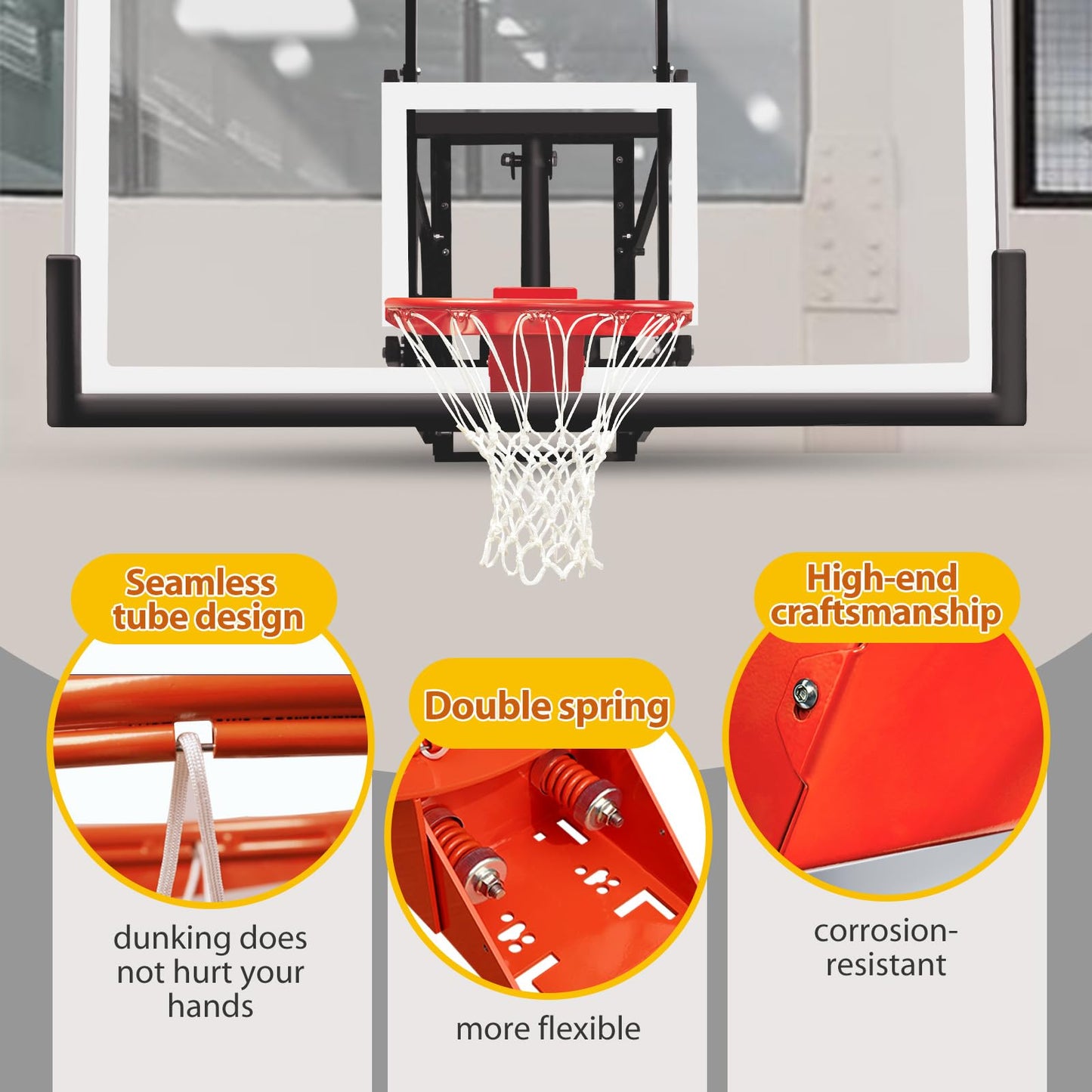 KATOP Basketball Hoop Wall Mount Garage with a 60''x36'' Tempered Glass Backboard, Pre Installed Pads and Heavy Duty Basketball Rim and Net, Effortlessly Height Adjustable from 7.5’’ to 10’’
