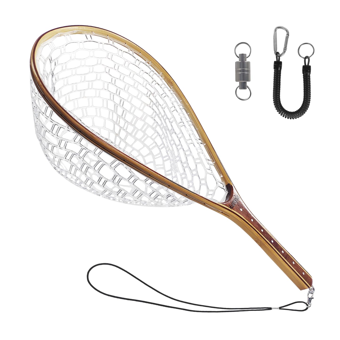 Aventik Fly Fishing Landing Net Trout Fishing Wooden with Measuring Mark Soft Rubber Net Bag Catch & Release