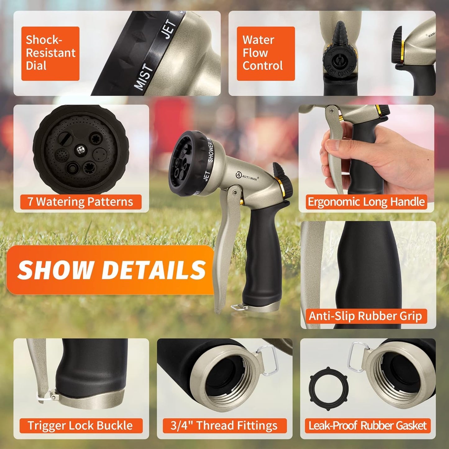 AUTOMAN-Garden-Hose-Nozzle, ABS Water Spray Nozzle with 7 Adjustable Watering Patterns, Slip Resistant for Watering Plants, Lawn& Garden, Washing Cars, Cleaning, Showering Pets & Outdoor Fun.