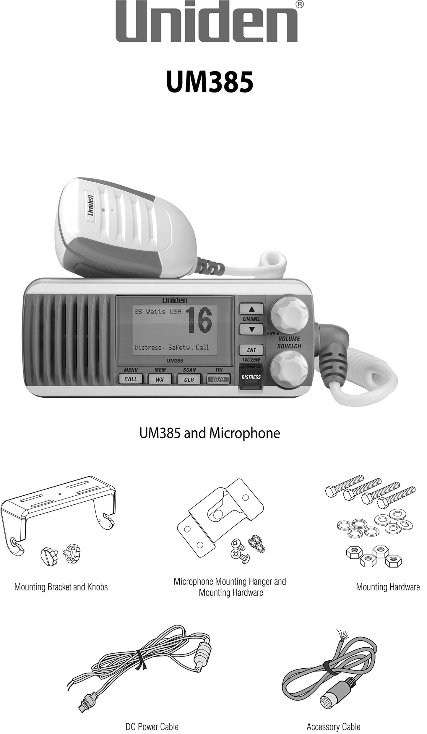 Uniden UM385BK 25 Watt Fixed Mount Marine VHF Radio, Waterproof, Noaa Weather Alert, All USA/Intl/Canadian Marine Channels