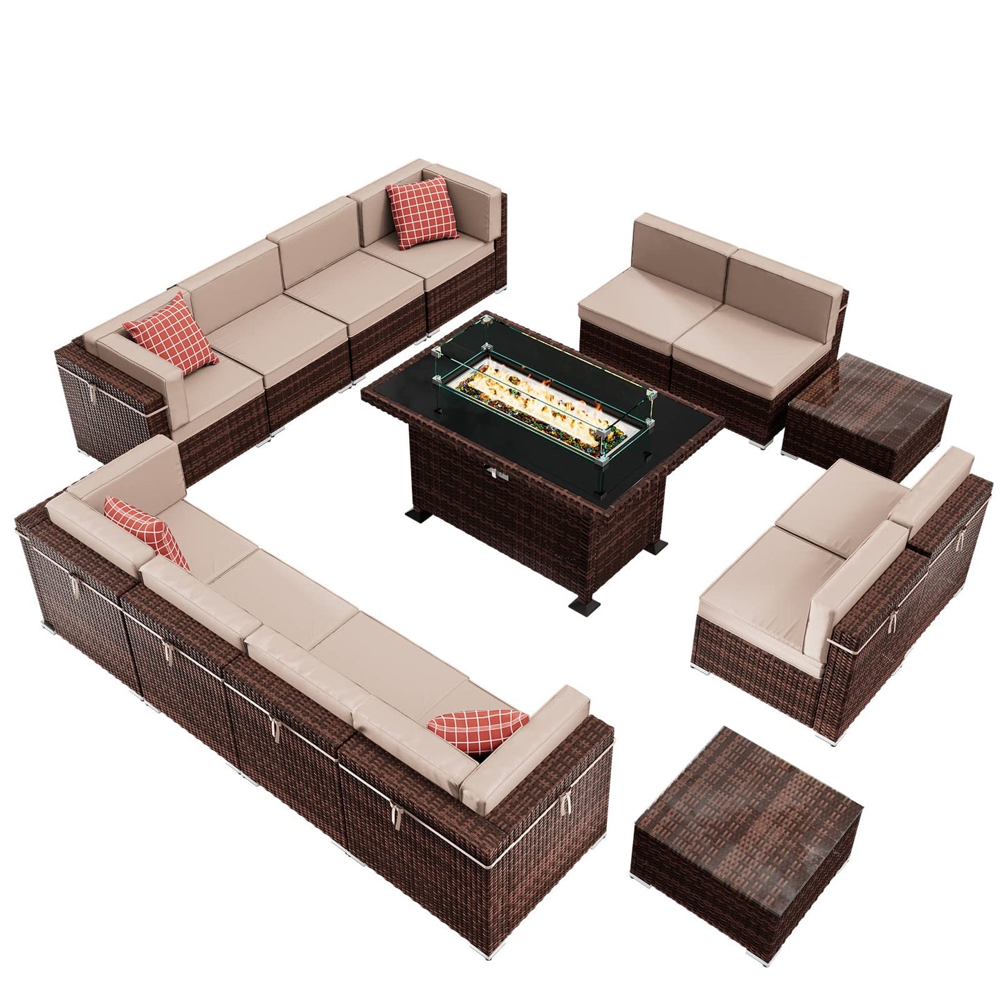 Amopatio Patio Furniture Sets, 7 Pieces Outdoor Rattan Sectional Sofa Set with Glass Table and Cushions, Wicker Patio Conversation Set for Outdoor Indoor Backyard Lawn Garden Porch (Grey)