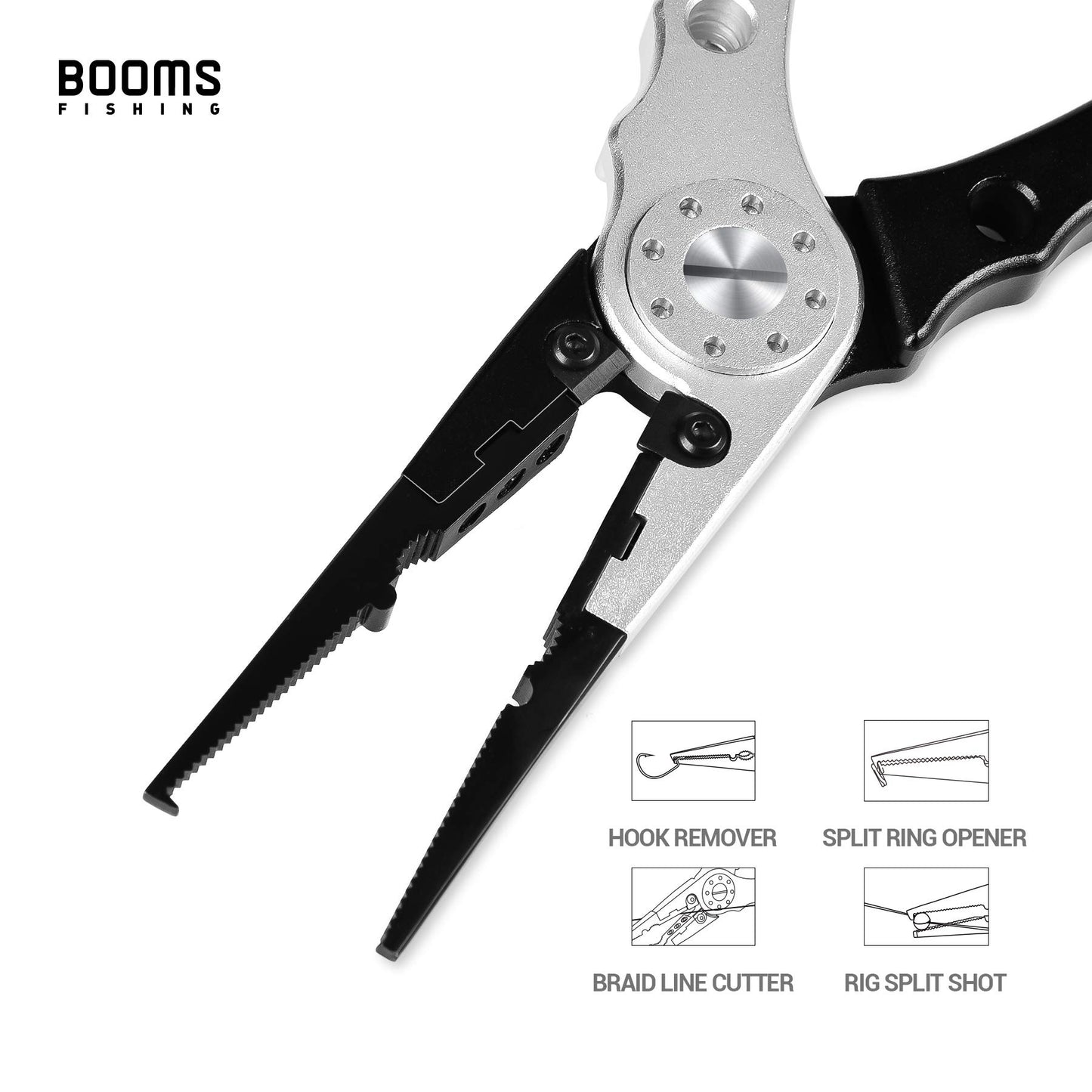 Booms Fishing X1 Aluminum Fishing Pliers Saltwater, Surf Fishing Tackle Kit, Fishing Multitool Hook Remover Braided Fishing Line Cutting and Split Ring with Coiled Lanyard and Sheath