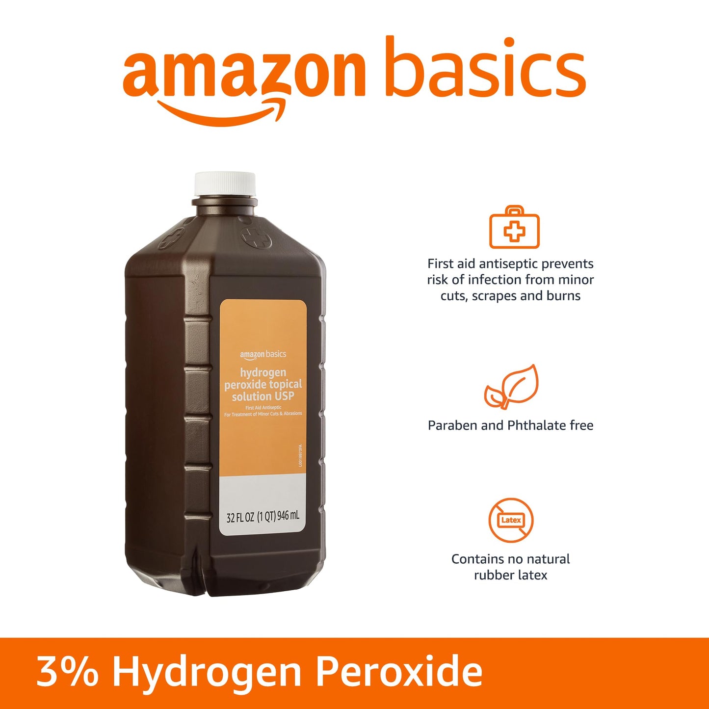 Amazon Basics Hydrogen Peroxide Topical Solution USP, First Aid Antiseptic for Cuts, Scrapes and Wound Disinfection, 32 fl oz, 1-Pack