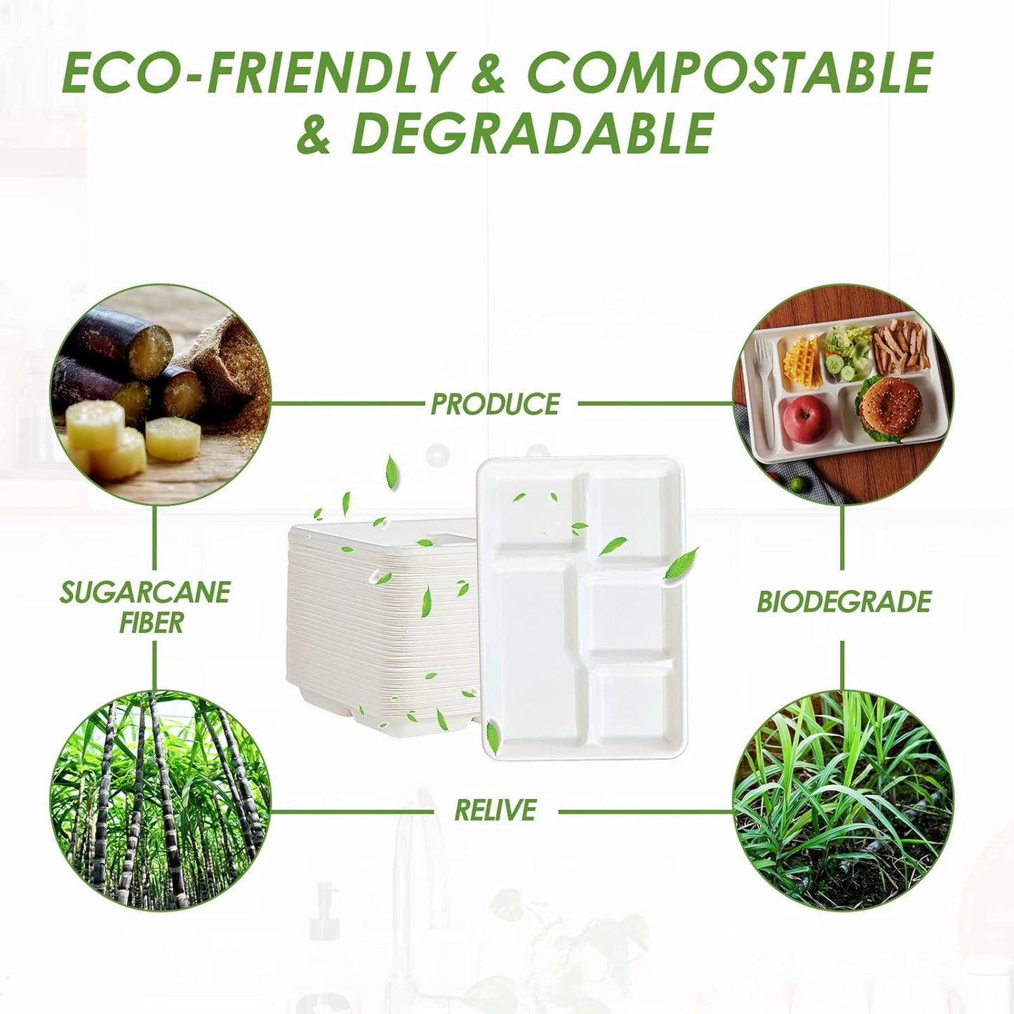 Vplus 100% Compostable 5 Compartment Paper Plates, 100 Pack, 12.5 x 8.6 inch Disposable School Lunch Trays, Eco-Friendly Bagasse Plates for Buffet, and Party