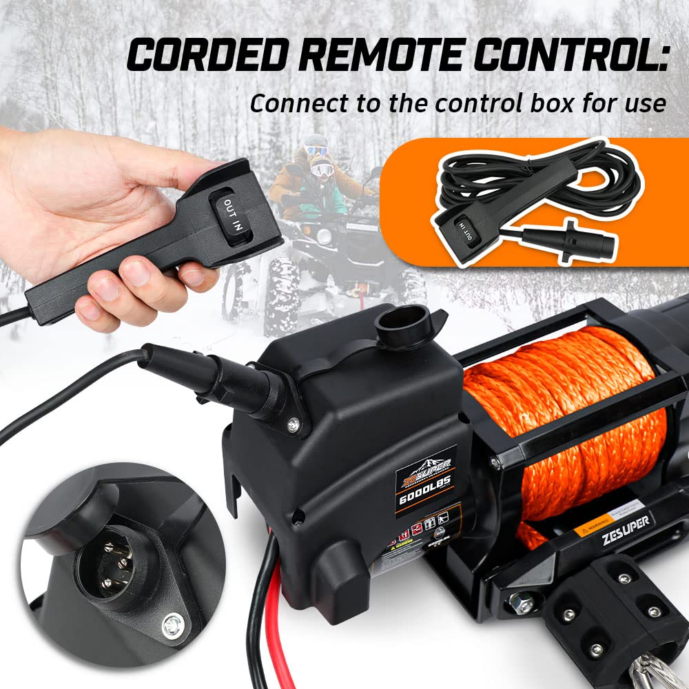 ZESUPER 3000 lb Electric Winch for ATV UTV Trailer Boat Synthetic Rope Winch 12V DC Off Road Towing Winches with Wireless Remote Mounting Bracket