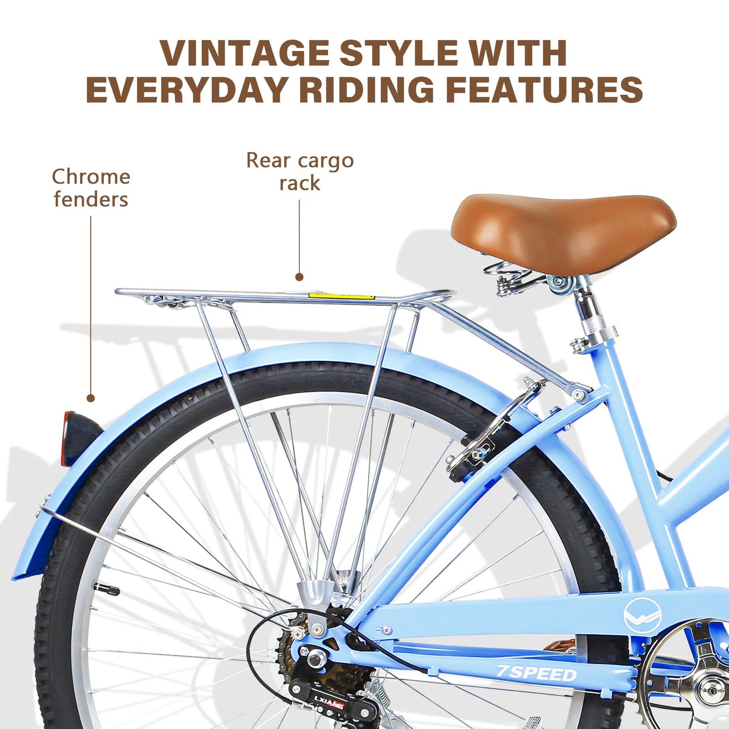 WEIZE Beach Cruiser Bike, 26 inch Commuter Bicycle for Adult Men and Women, 7-Speed/High-Carbon Steel/Front & Rear Fenders, Comfortable City Bikes with Rear Rack&Basket, Ergonomic Upright Design, Blue