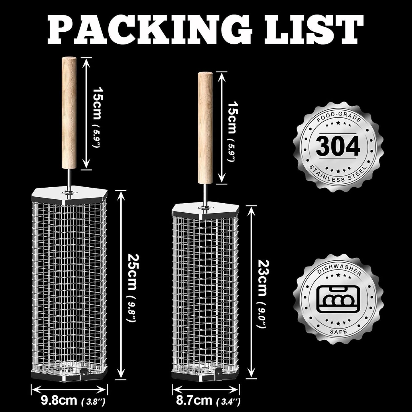 Rolling Grill Baskets(2PCS, Hexagon), Removable Wooden Handle, 304 Stainless Steel, Nesting Grilling Net, BBQ Accessories Tools for Vegetables Shrimp, Outdoor Cooking Camping, Birthday Gifts for Men Dad Husband