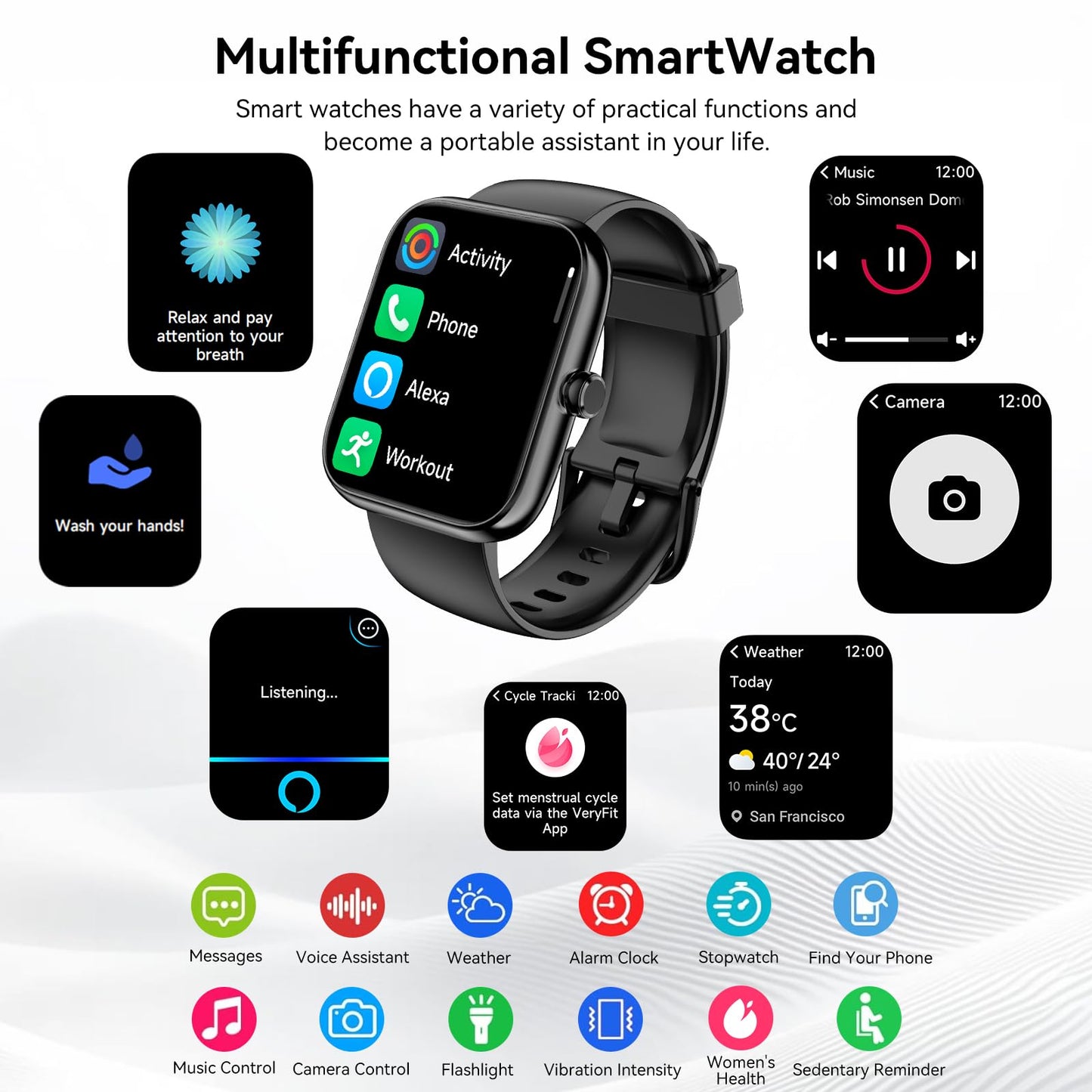 Smart Watch with Alexa Built-in, 1.83" HD Touchscreen, Bluetooth Calling Fitness Tracker, Health Monitor Heart Rate/Sleep Tracking, IP68 Waterproof, 120+ Sports Modes for Android iPhone (Black)