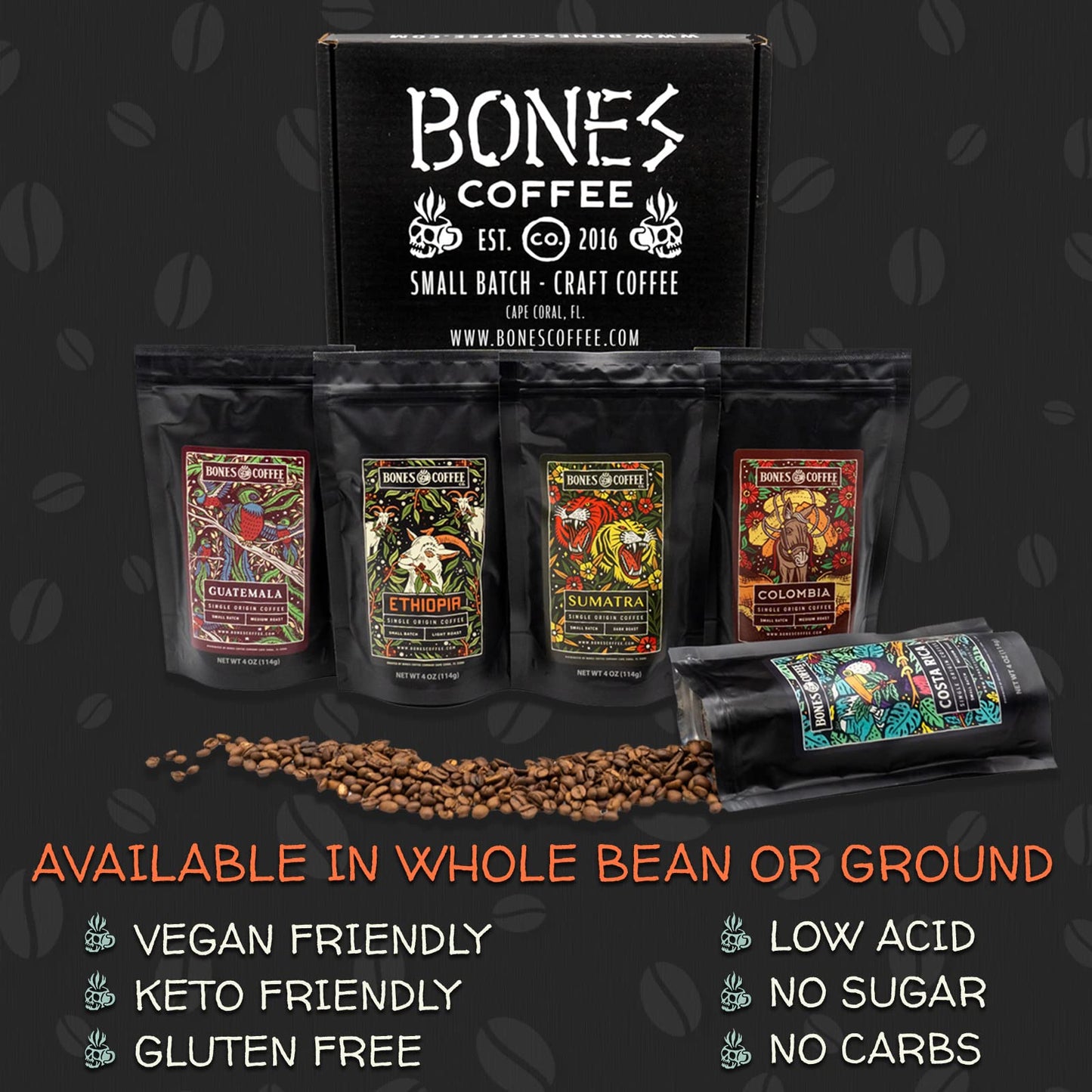 Bones Coffee Company World Tour Coffee Gift Set, 5 Packs Flavored Coffee, Medium Roast Low Acid, 4 Oz Ground