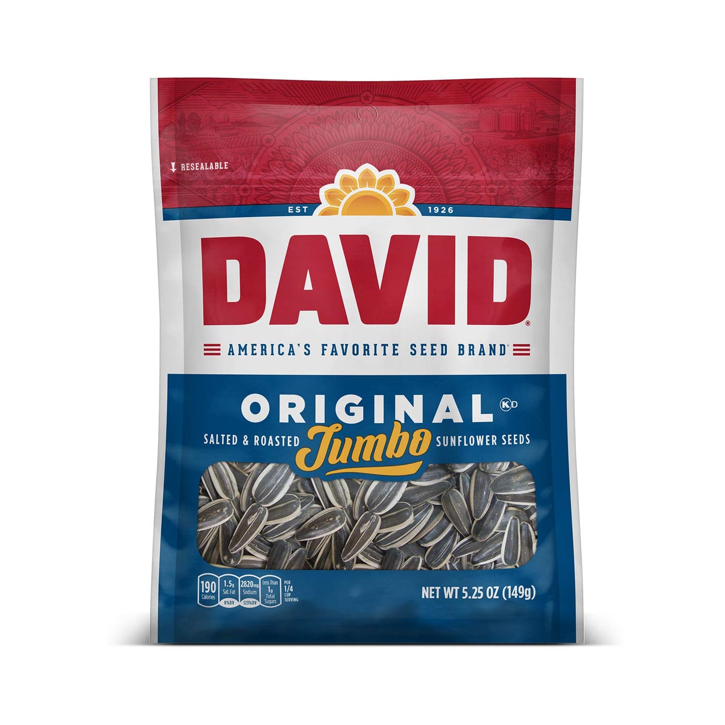 DAVID Roasted and Salted Jumbo Sunflower Seeds, Original Flavor, 5.25oz. (Pack of 12)