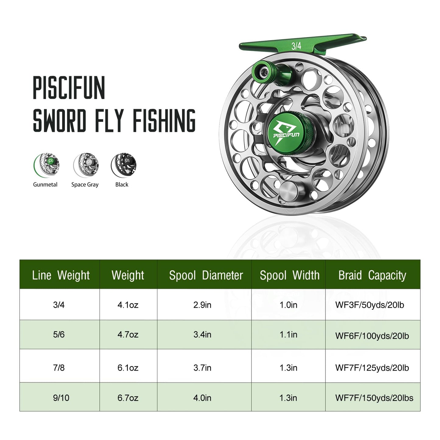 Piscifun Sword Fly Fishing Reel, CNC-Machined Aluminum Alloy Fly Reel, 3/4, 5/6, 7/8, 9/10 Weight, Black, Gunmetal, Space Gray