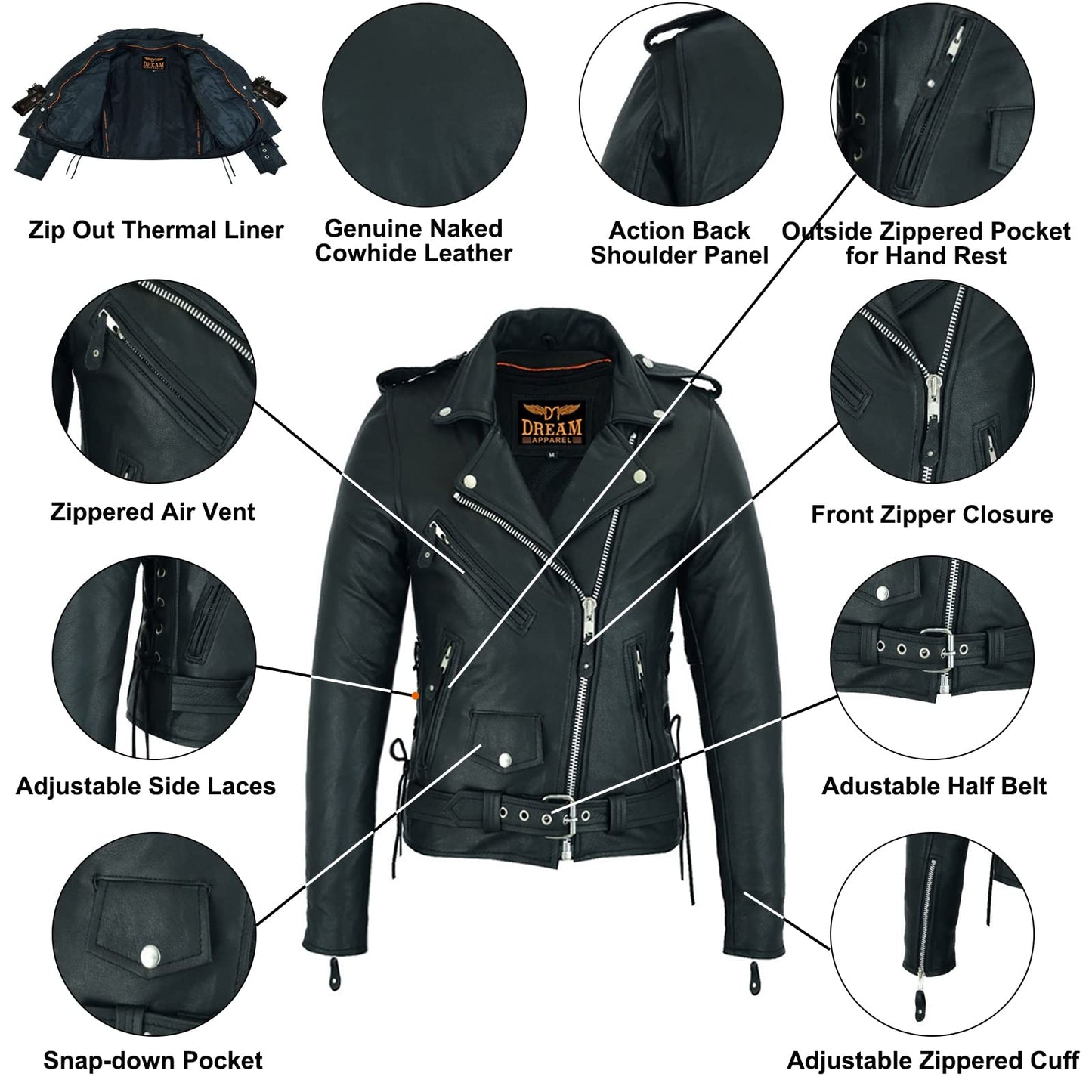 Dream Apparel Women’s Classic Leather Motorcycle Jacket with Zip Out Lining, Biker Jacket for Ladies with Side Laces, Black
