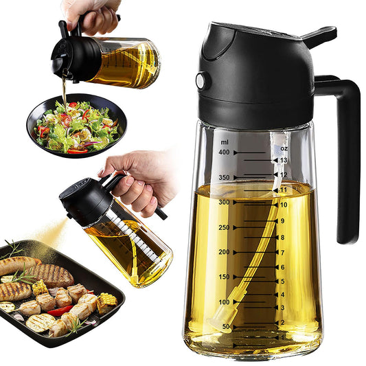 TrendPlain 16oz/470ml Glass Olive Oil Sprayer for Cooking – 2 in 1 Olive Oil Dispenser Bottle for Kitchen Gadgets and Air Fryer Accessories, Salad, BBQ - Black