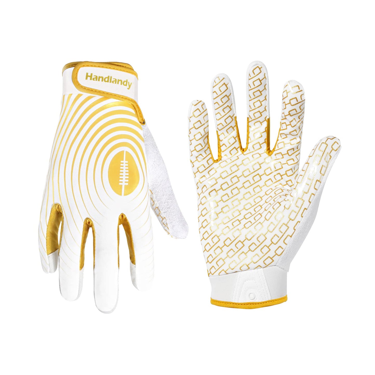 HANDLANDY Youth Football Gloves, Sticky Wide Receiver Gloves for Kids, White and Gold Stretch Fit Football Glove (White and Gold, Medium)