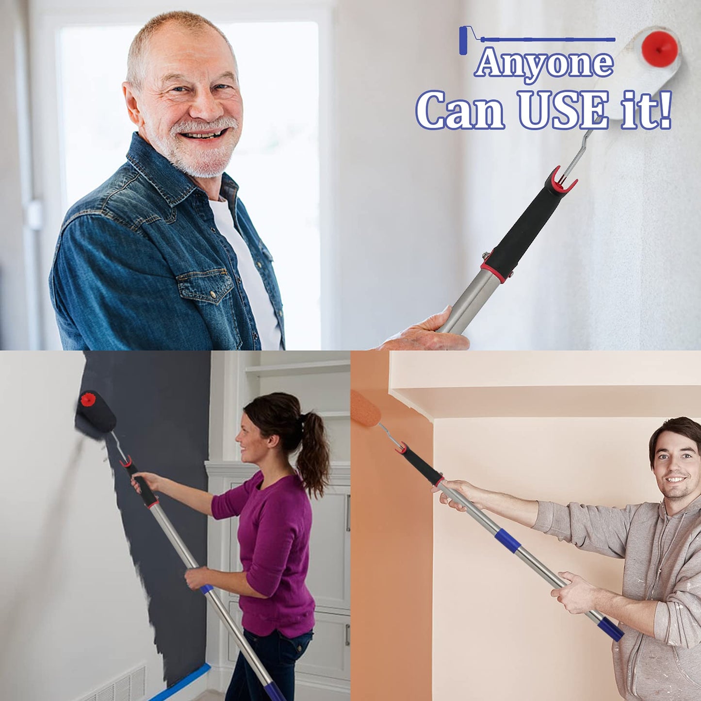 6FT Paint Roller Brush kit, Multi-Function Paint Roller kit with House Paint Roller Brush 6 FT Stainless Steel Pole New Splicing Rod Mural Brush for Walls and Ceiling (White)