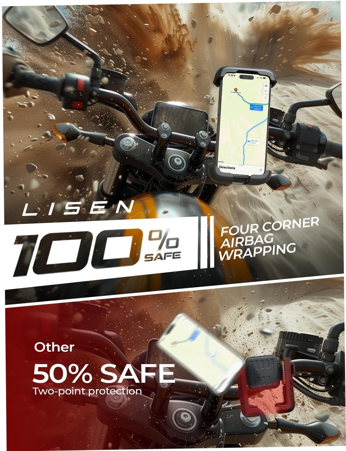 LISEN Bike Phone Holder, [2025 Upgrade] Motorcycle Phone Mount, Bicycle Phone Holder, Handlebar Phone Mount, Dirt Bike Ebike Accessories, Bicycle Accessories, for iPhone Samsung Google Pixel, Black