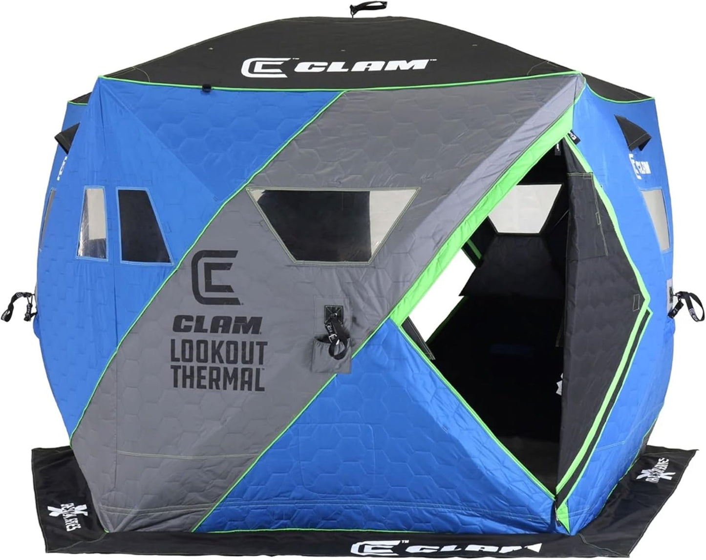 CLAM X500 Insulated 90 Gram Full Thermal Trap 63.5 Square Foot 5 Sided Lookout Outdoor Fishing Hunting Hub Tent Shelter with Flex-Tested Poles