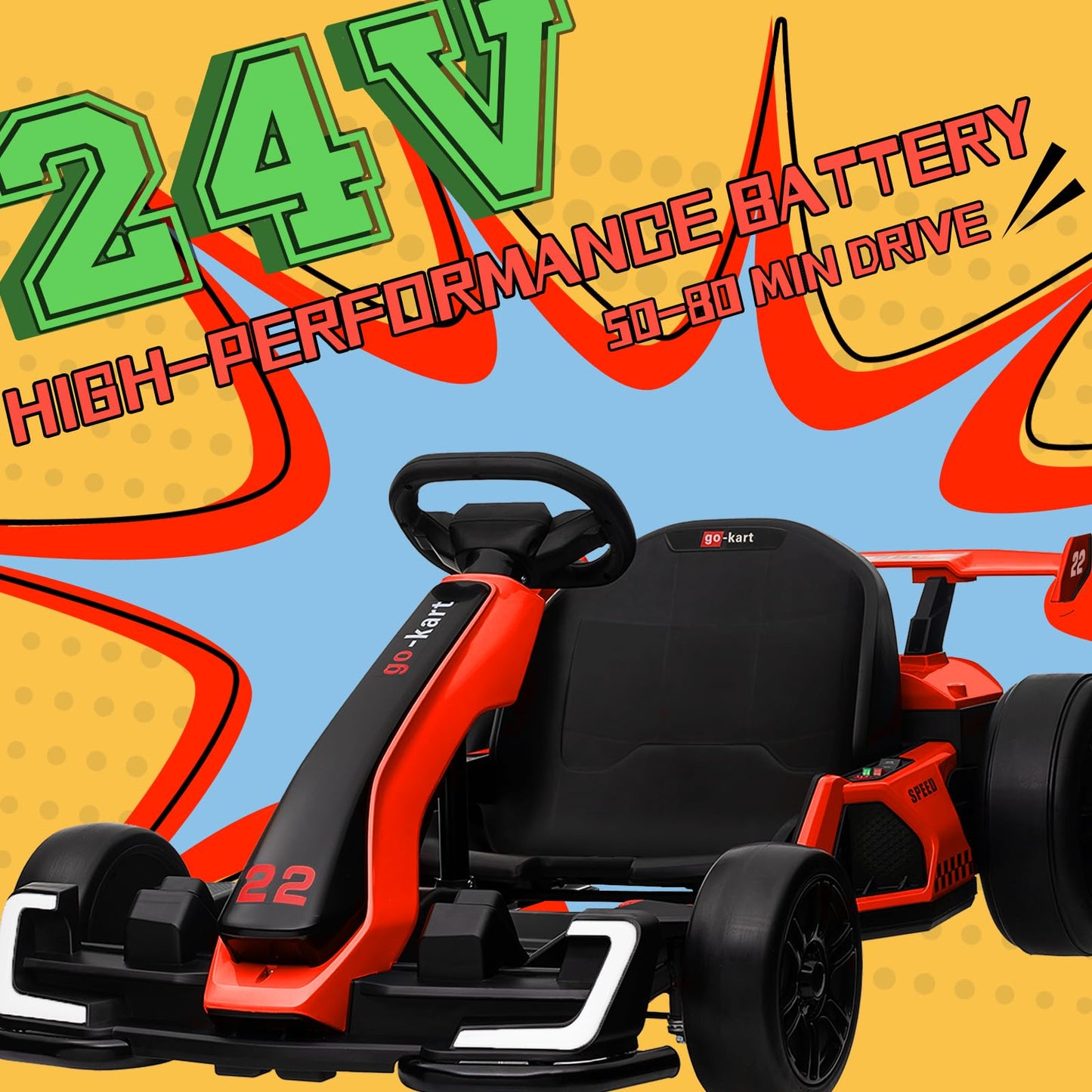 Kerry Yoo Go Kart Electric Drift Kart Car with Adjustable Seat, 24V Outdoor Ride on Toy with 4 Speed Mode, Crazy Cart for Kids 6-12 Years Old, Fast 300W Motor, 8.5 MPH, LED Lights, Bluetooth - Red