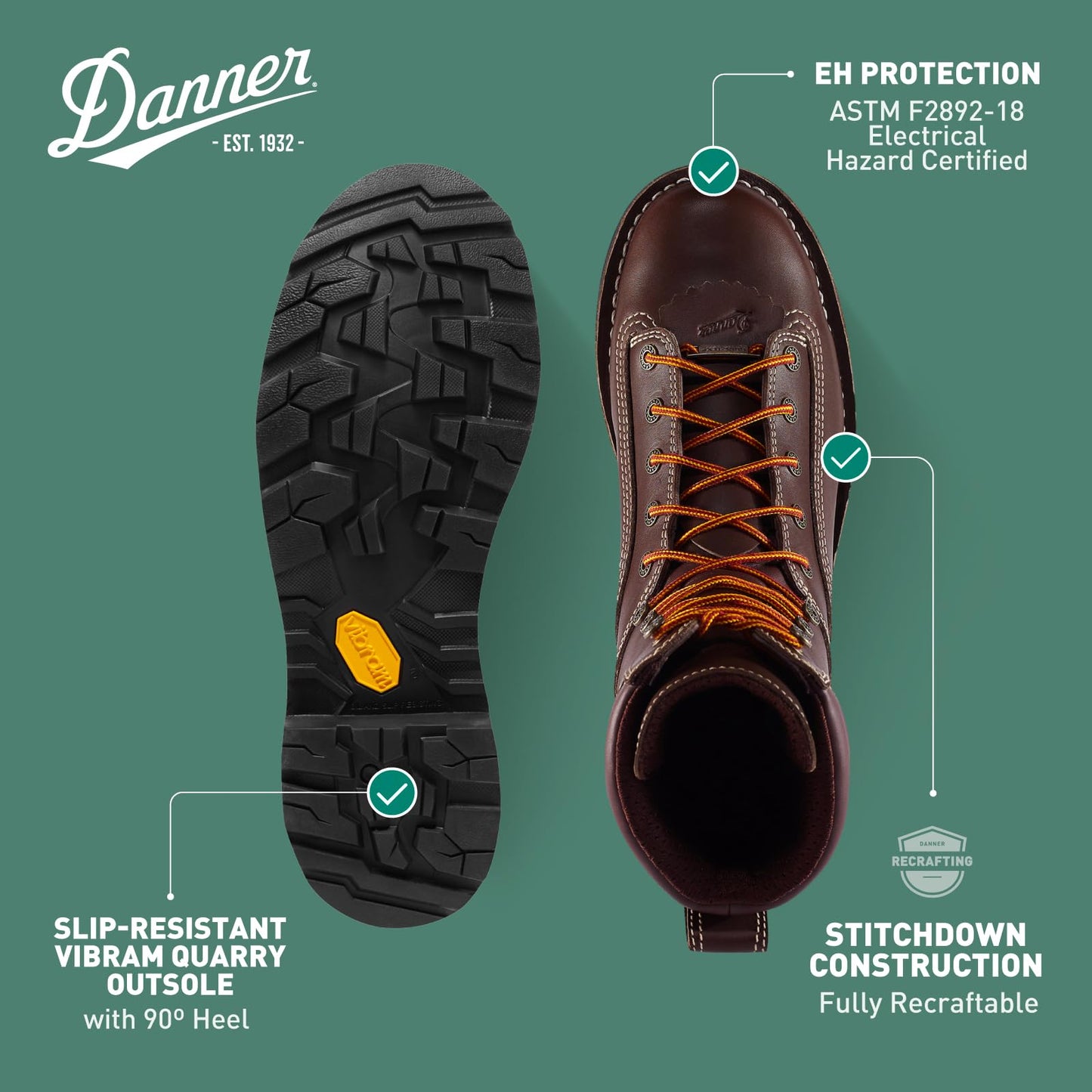 Danner 8” Quarry USA Waterproof Work Boots for Men - Full-Grain Leather with Gore-Tex, 3-Density Cushion Footbed & Traction Heel Outsole, EH Resistant