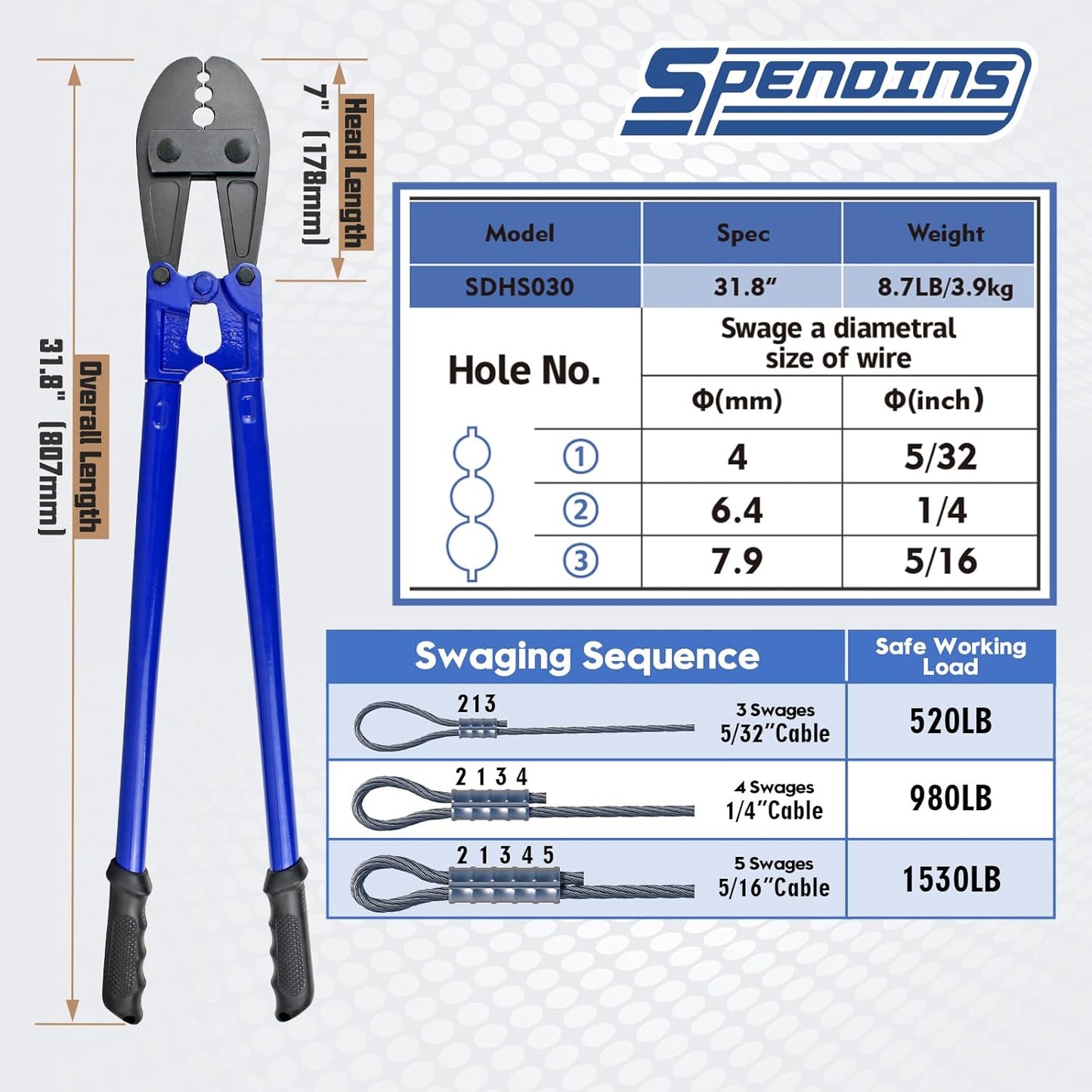 31.8 Inch Hand Swaging Tool, Wire Rope Crimping Tool for 5/32",1/4",5/16" Wires, Heavy Duty Swager Crimper w/Ergonomic Handle Design, for Copper Aluminum Oval Sleeves and Stop Sleeves