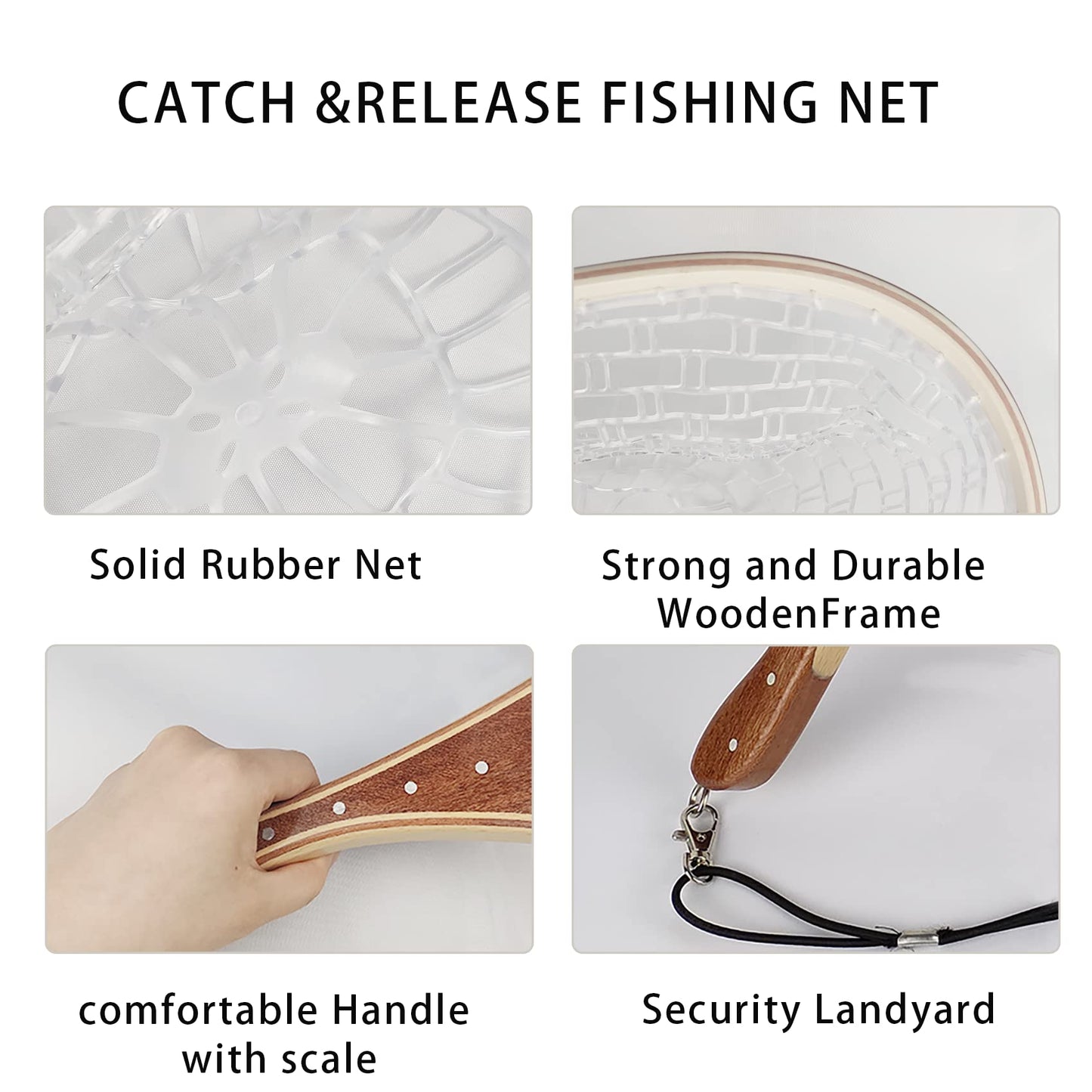 Aventik Wooden Fly Fishing Landing Net with Rubber Ghost Mesh and Magnetic Release - Catch & Release Friendly