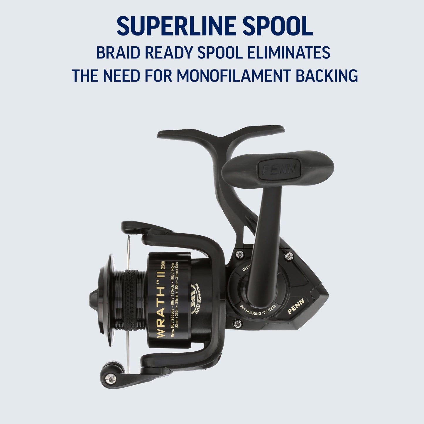 PENN Wrath II Saltwater Spinning Fishing Reel, Size 3000, Right/Left Handle Position, Corrosion-Resistant Graphite Body, Machined Anodized Aluminum Spool, Black/Gold