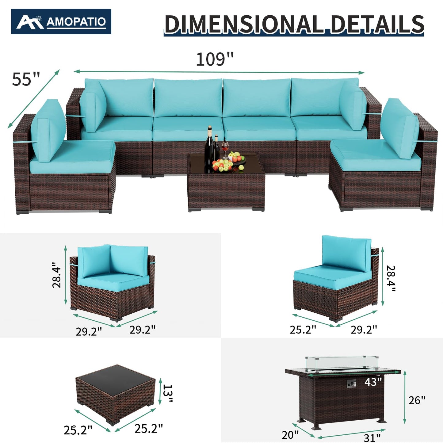 Amopatio Patio Furniture Sets, 7 Pieces Outdoor Rattan Sectional Sofa Set with Glass Table and Cushions, Wicker Patio Conversation Set for Outdoor Indoor Backyard Lawn Garden Porch (Grey)