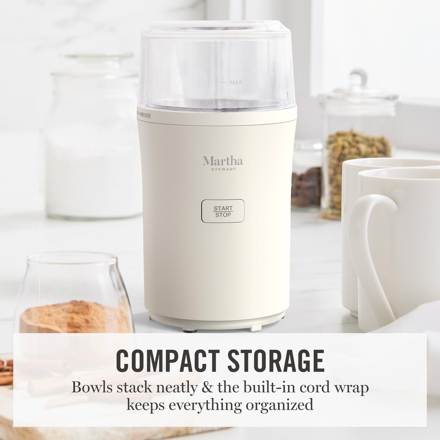 Martha Stewart Electric Coffee & Spice Grinder, Dual 2.5oz Removable Bowls, Storage Lids, Stainless Steel Blades, One Touch Pulse Control, 2-in-1 Compact, Beans & Spices, Herbs & Nuts, Sky Blue